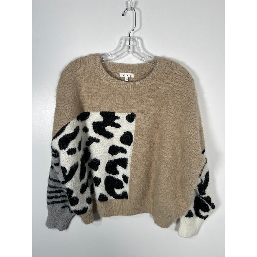 Animal Print Colorblock Fuzzy Knit Sweater Leopard Zebra Tan Popover S/M‎